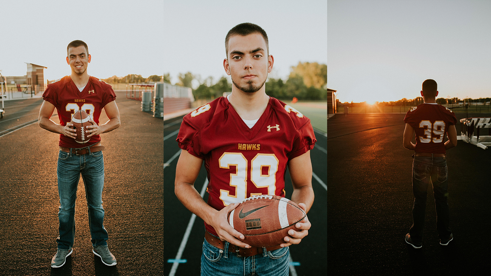 photograph of a senior boy at the ankeny south hawks football field in ankeny iowa